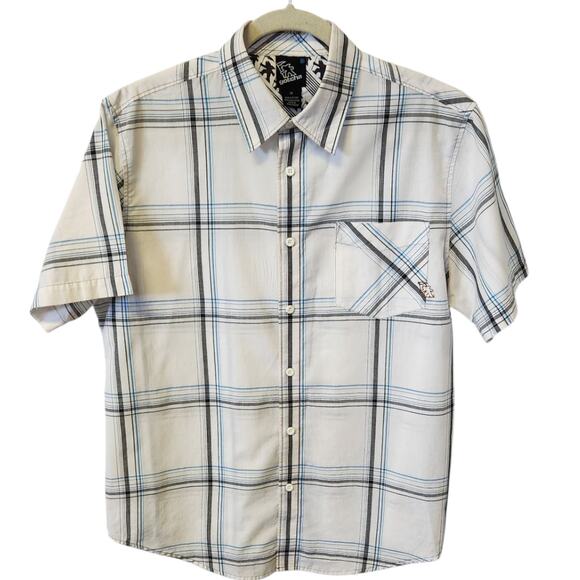 90s Vintage Gotcha White Blue Plaid Short Sleeve Button Down Shirt Men Medium - Picture 1 of 6
